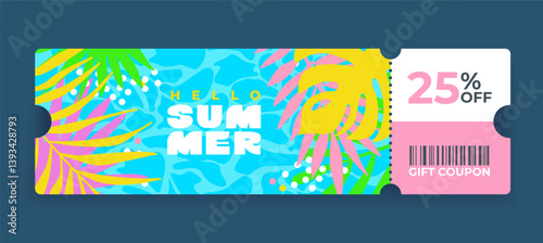 25 Off sale voucher coupon with sea and tropical leaves, gift voucher with promo discount. Template discount coupons tickets card for web, design,social media,business promo, online purchases. Vector