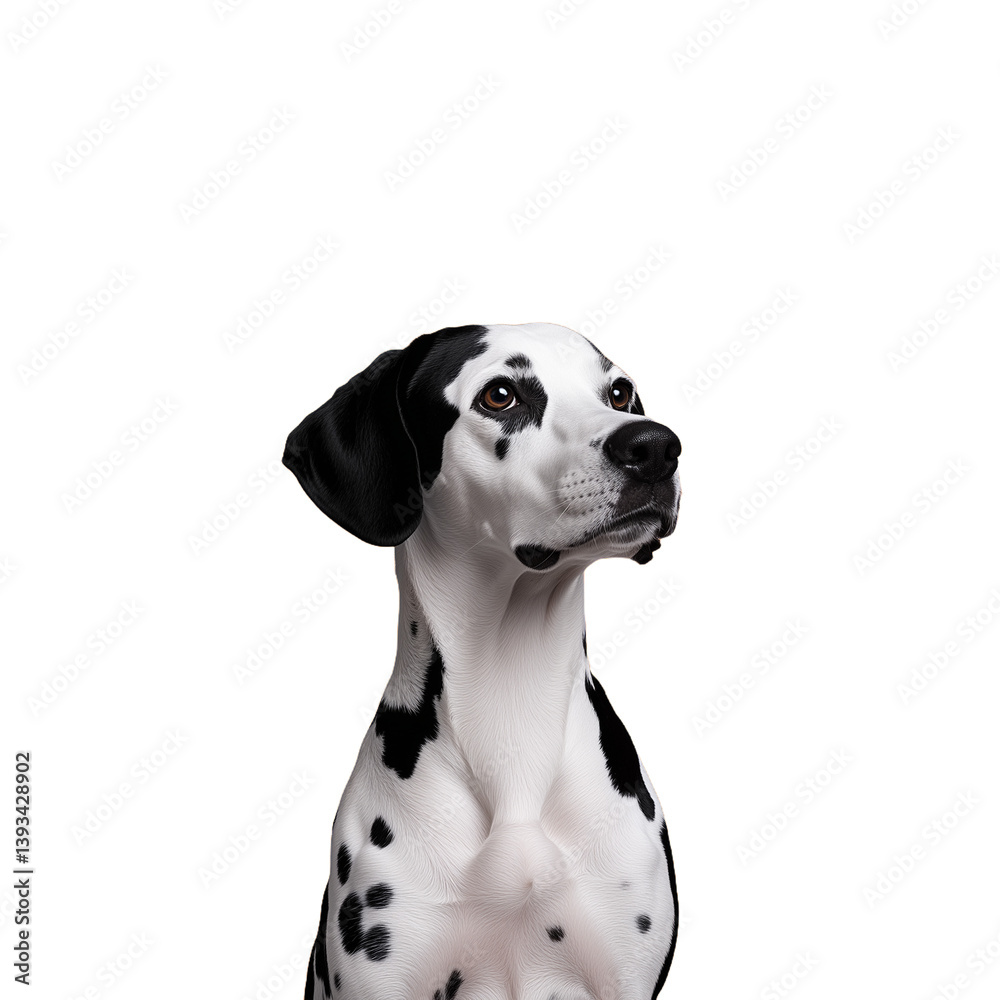 Portrait of a Dalmatian dog with black spots looking upwards on a transparent background