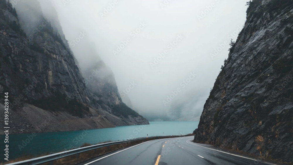 A vehicle navigates a winding road alongside a serene lake or river