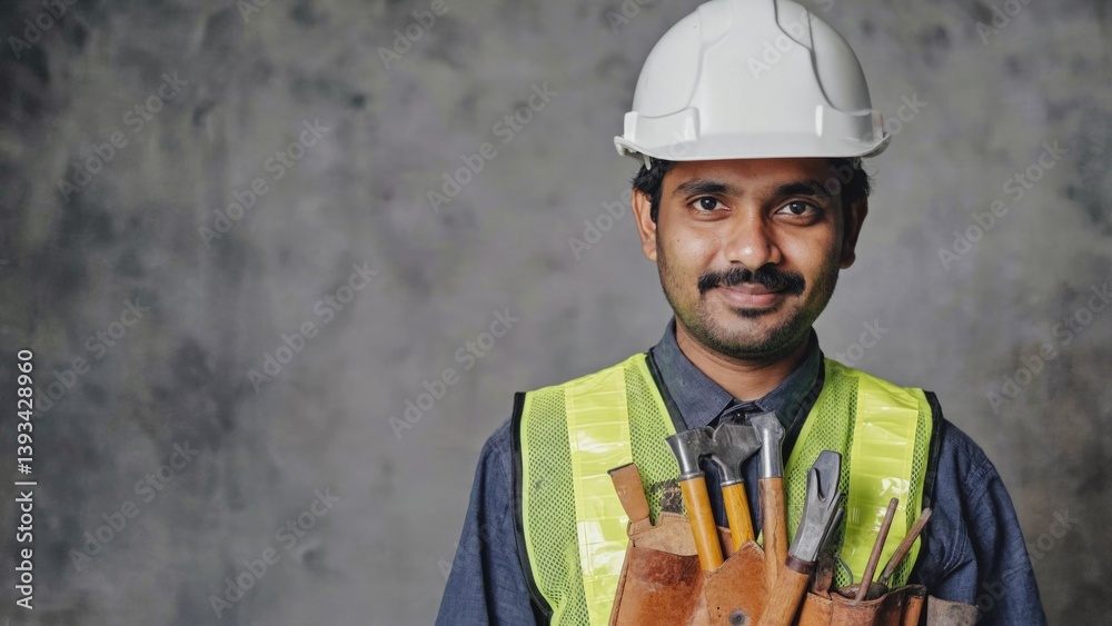 A person wearing a hard hat holds various tools on a construction site or DIY project