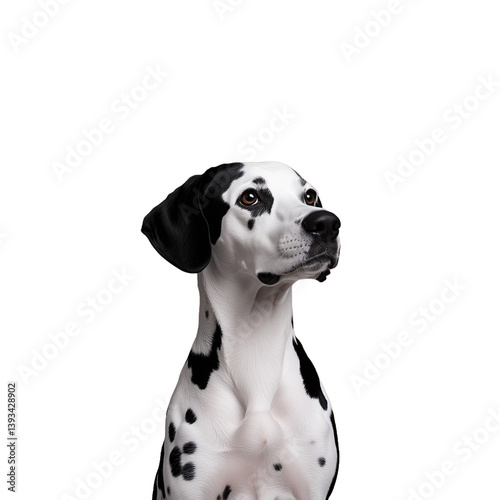 Portrait of a Dalmatian dog with black spots looking upwards on a transparent background