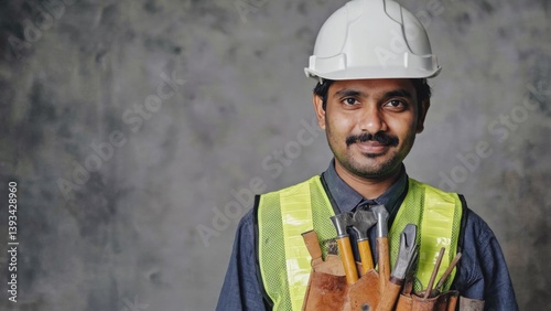 Obraz na płótnie A person wearing a hard hat holds various tools on a construction site or DIY project w salonie