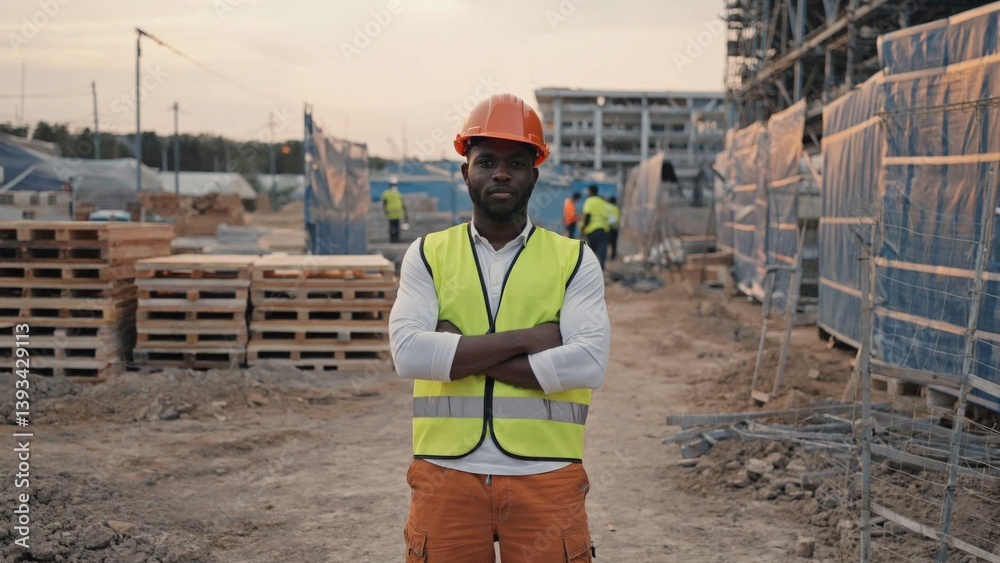 A construction worker stands near a building site with equipment and tools