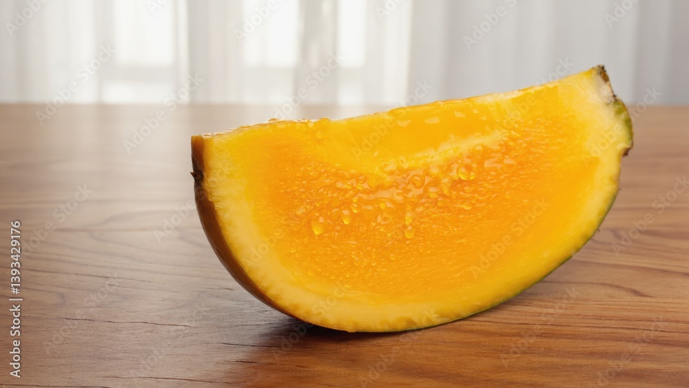 A fresh orange cut in half lies on a rustic wooden table, ready for use
