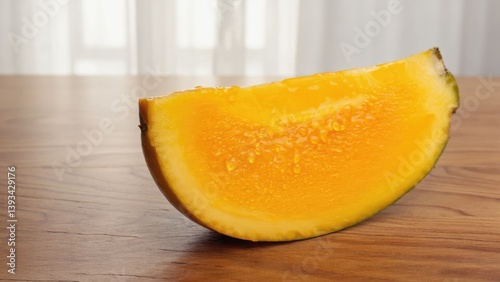 A fresh orange cut in half lies on a rustic wooden table, ready for use