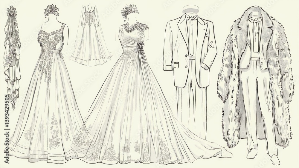 Illustrated wedding attire for the happy couple, consisting of a wedding dress and tuxedo