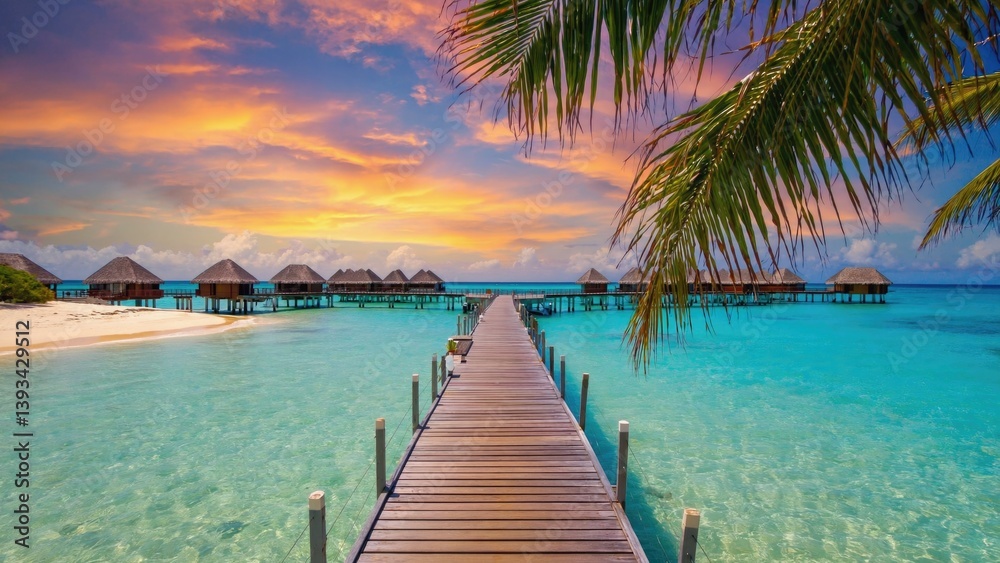 A picturesque coastal pier leading to a beach lined with traditional thatched huts, perfect for a tropical vacation or travel brochure