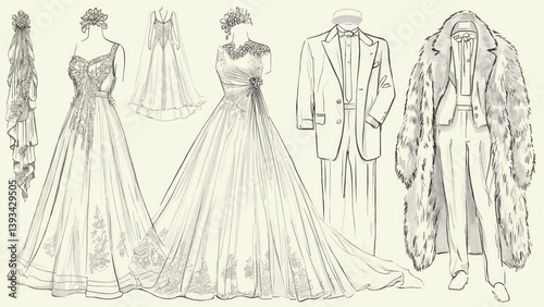 Obraz na płótnie Illustrated wedding attire for the happy couple, consisting of a wedding dress and tuxedo w salonie