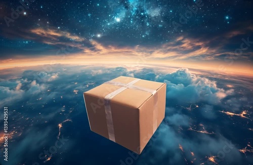 Delivery box floating in the clouds on the background of the earth, concept of international fast delivery