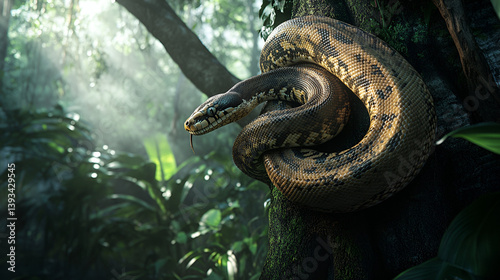 A python wrapping itself around a large tree trunk, its body smooth and sleek as it navigates the jungle. The surrounding environment is filled with dense vegetation, creating a vivid, lush atmosphere