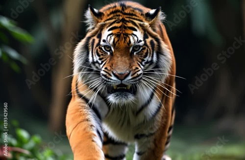 Majestic tiger prowls through lush habitat, strength and grace in the wild