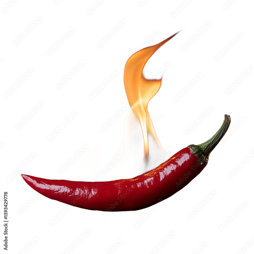 Single red chili pepper with a flame coming out of the tip on a transparent background