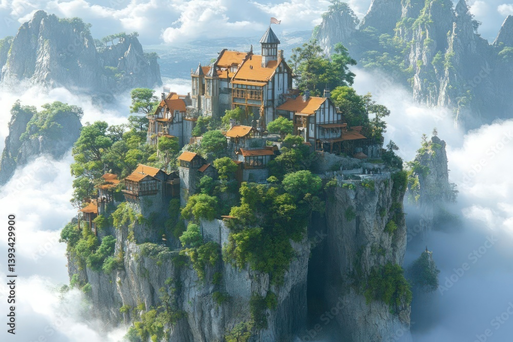 Fototapeta premium Floating mountaintop village with medieval architecture