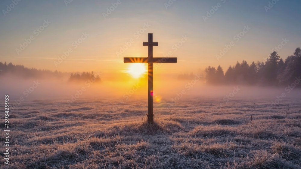 A cross stands in the middle of a misty, foggy field, with a subtle atmosphere