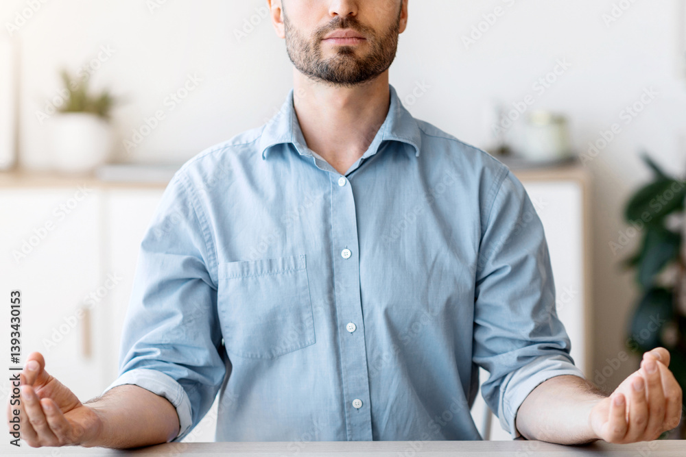 Naklejka premium Office Zen. Relaxed Male Entrepreneur Meditating At Workplace, Coping With Stress At Work, Sitting At Desk With Eyes Closed, Free Space