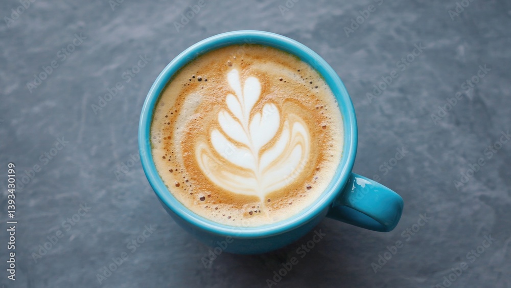 A cup of coffee with a creative design featuring a leaf