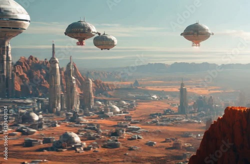 Futuristic spaceships hover over an arid landscape at sunset, city on Mars with cyborgs and flying cars, futuristic concept