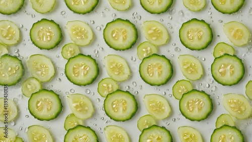 Obraz na płótnie Freshly sliced cucumbers arranged on a tray, ready for use or serving w salonie