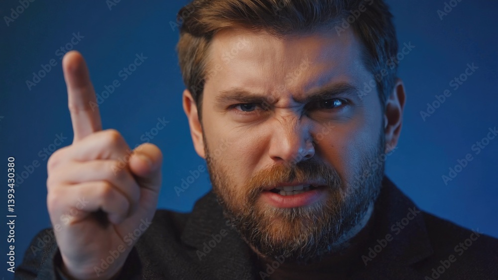A man with a beard gesturing towards something, possibly an object or a person