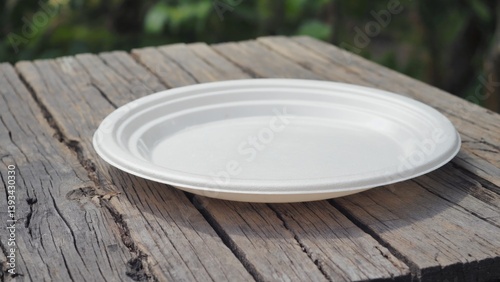 Obraz na płótnie A white plate sitting on a wooden table, perfect for everyday meals or special occasions w salonie