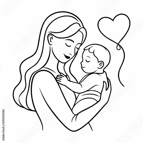 Unspoken Love - Minimal Line Art with Heart, Line art illustration of a mother and child for Mother's Day logo vector.
