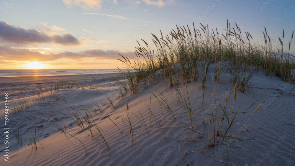 A serene scene of a beach at sunset with the grass blowing gently in the wind A serene scene of a beach at sunset with the grass blowing gently in the wind