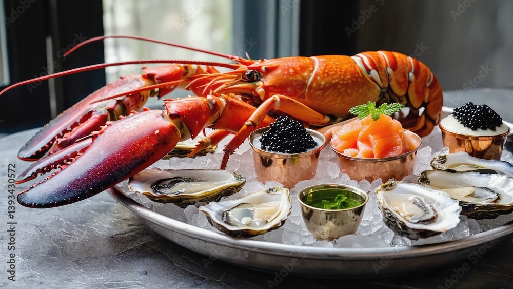 Fresh seafood with a succulent lobster and oysters, perfect for a coastal dinner party or restaurant display