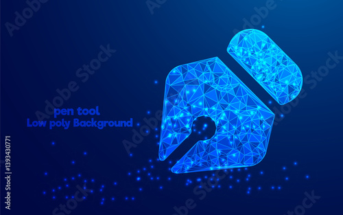 Pen tool neon light technology icon. Low Poly Pen Tool Icon Background. Abstract polygonal pen tool graphic design. A pen tool made with triangle low poly design structure wireframe on blue background