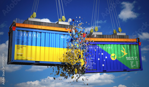 Cargo containers with flags of Ukraine and Christmas Island - 3D illustration