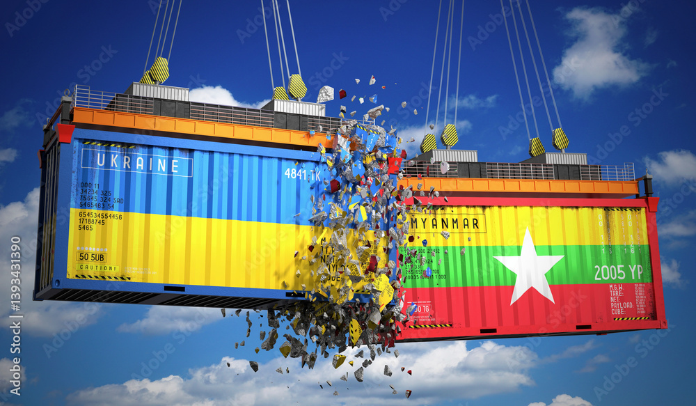 Cargo containers with flags of Ukraine and Myanmar - 3D illustration