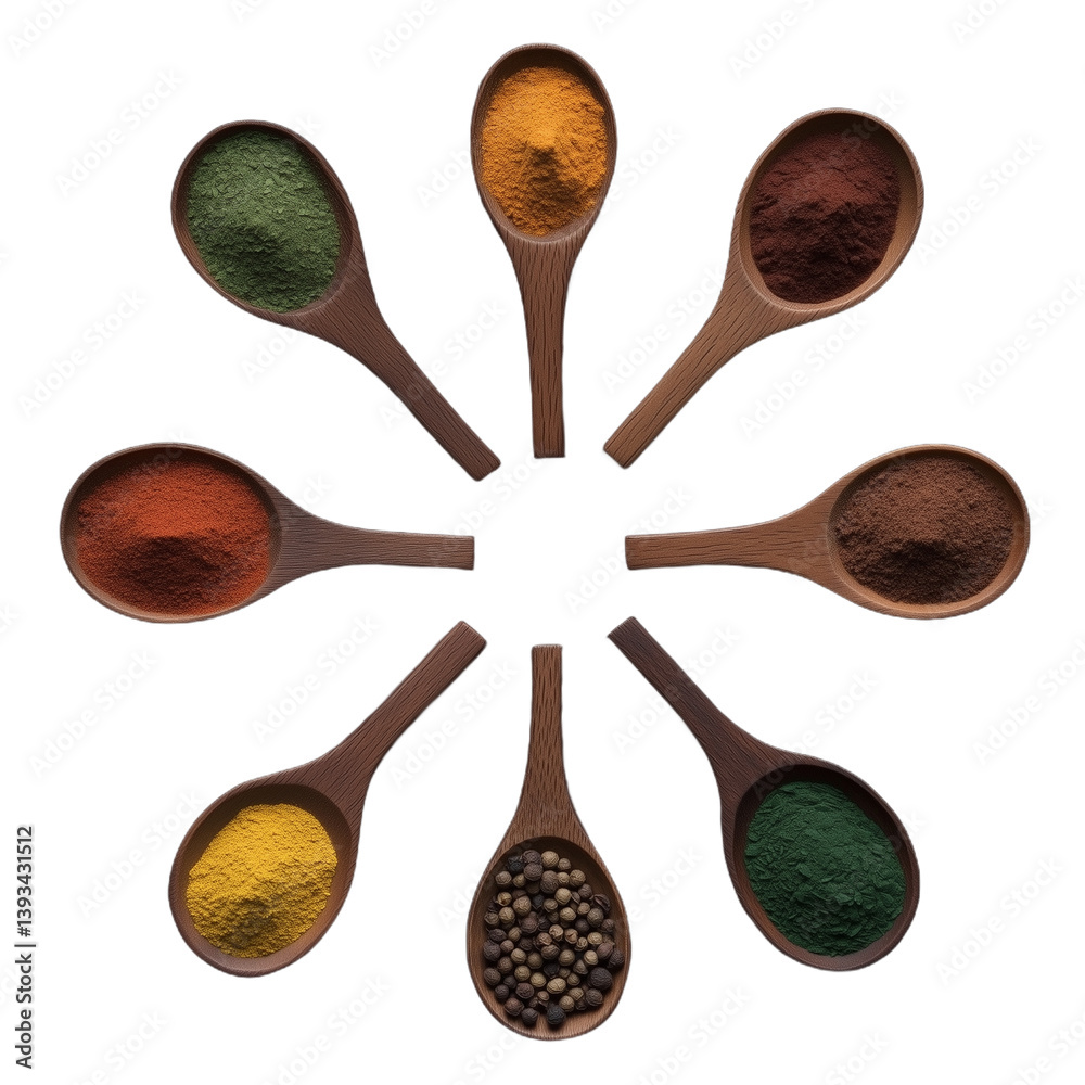 Wooden spoons arranged in a circle holding different colorful spices on a transparent background
