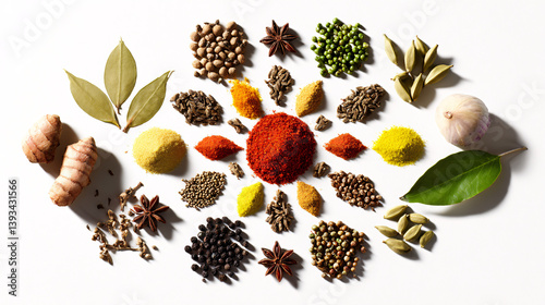 Fototapeta Naklejka Na Ścianę i Meble -  A vibrant arrangement of genuine Indian spices forms a chakra pattern against a white backdrop, showcasing cooking ingredients.  