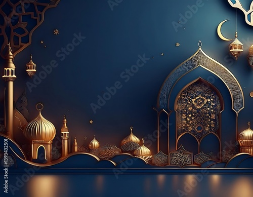 Amidst the night sky, a mosque's architecture stands illuminated, a beacon of religion in the city, with a star-like lantern adding a festive touch