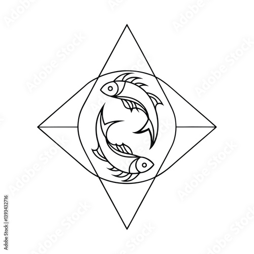Pisces Zodiac Sign With Geometric Frame Line Art Vector Illustration