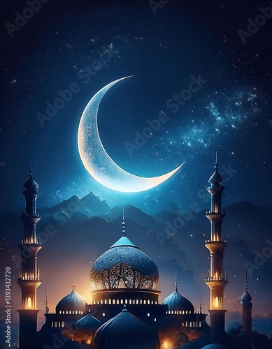 Amidst the night sky, a mosque's architecture stands illuminated, a beacon of religion in the city, with a star-like lantern adding a festive touch