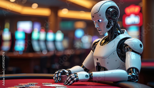 Robot plays poker in casino. Metallic robot sits at table surrounded chips and cards. Blurred lights and slot machines in background. Futuristic gambling, artificial intelligence concept.