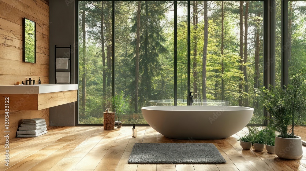 Modern bathroom with forest views. A serene and stylish bathroom featuring large windows showcasing a lush forest. Wooden accents and a freestanding bathtub complete the natural aesthetic Modern bathroom with forest views. A serene and stylish bathroom featuring large windows showcasing a lush forest. Wooden accents and a freestanding bathtub complete the natural aesthetic