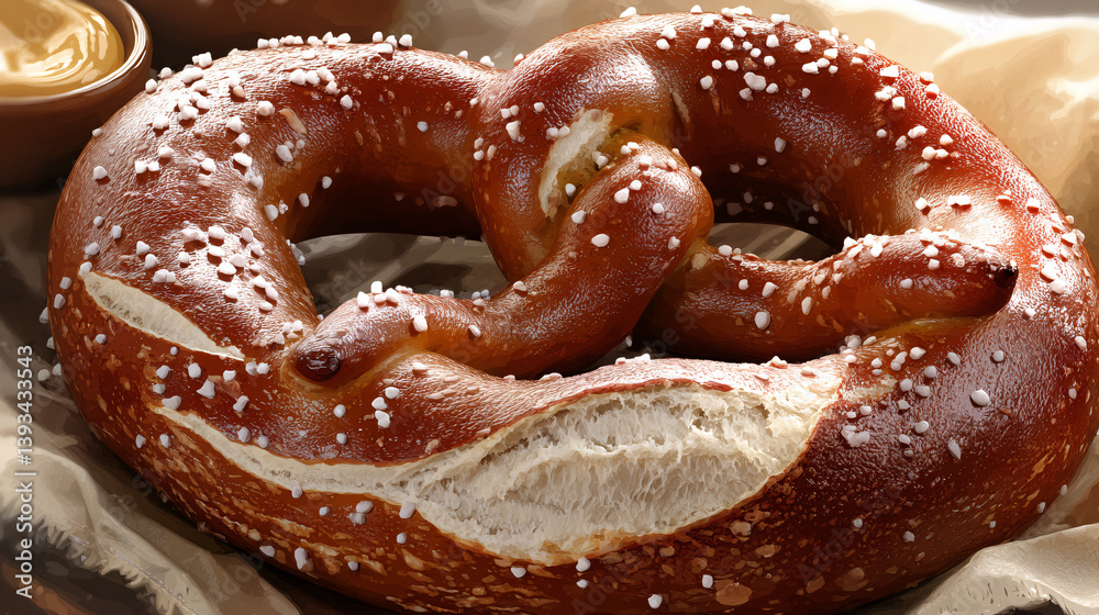 A warm, soft pretzel, sprinkled with large salt crystals and served with mustard for dipping. A warm, soft pretzel, sprinkled with large salt crystals and served with mustard for dipping.