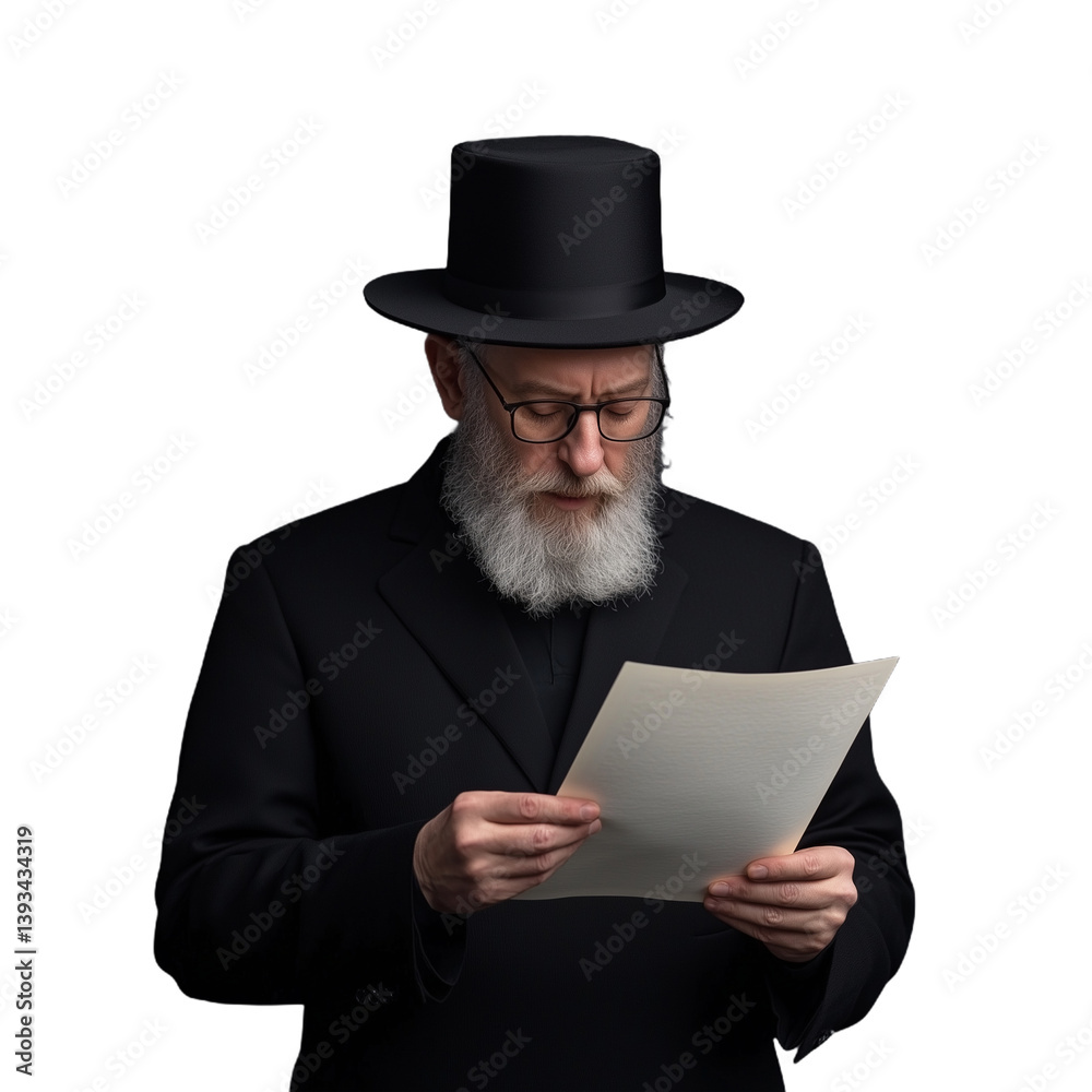 An elderly man with a beard wearing a black hat and coat, reading a document on a transparent background
