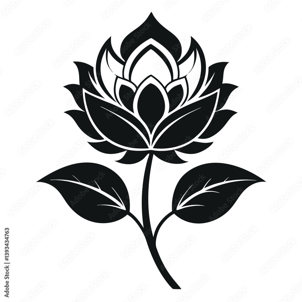 Stylized Lotus Flower Icon, Black Silhouette Against White Background, Elegant Floral Design Stylized Lotus Flower Icon, Black Silhouette Against White Background, Elegant Floral Design