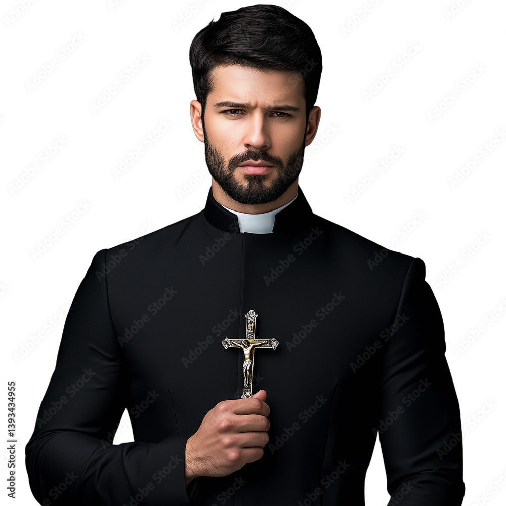 A priest holding a cross wearing black religious clothing on a transparent background