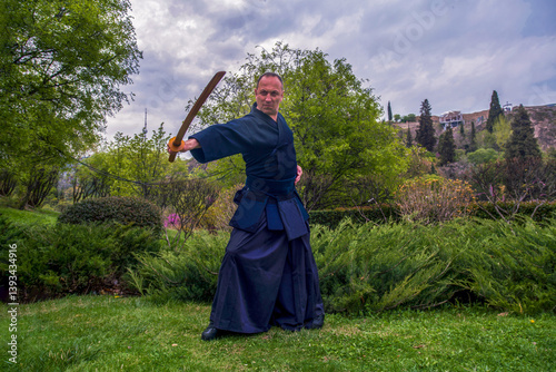 Strong man in Europe  in Japanese kimono  kendo fighter on stunning background  with fortress