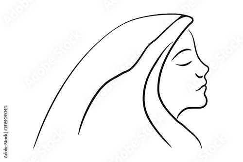 Line Art Portrait Of Woman With Veil Simple Black And White Drawing