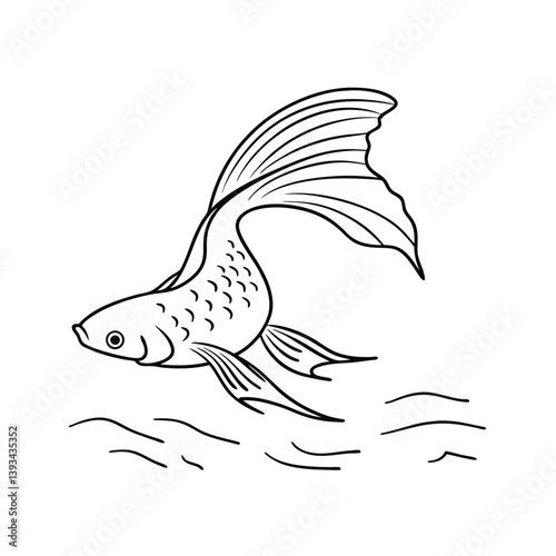 Hand Drawn Goldfish Illustration With Flowing Fins And Water For Coloring Books