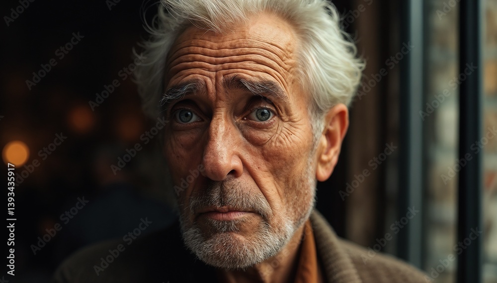 Elderly man expressing deep contemplation against a cozy backdrop  