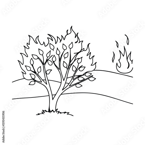 Burning Bush Illustration In Black And White Outline Style On Hills