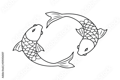 Two Koi Fish Swimming In Circle Black And White Outline Drawing