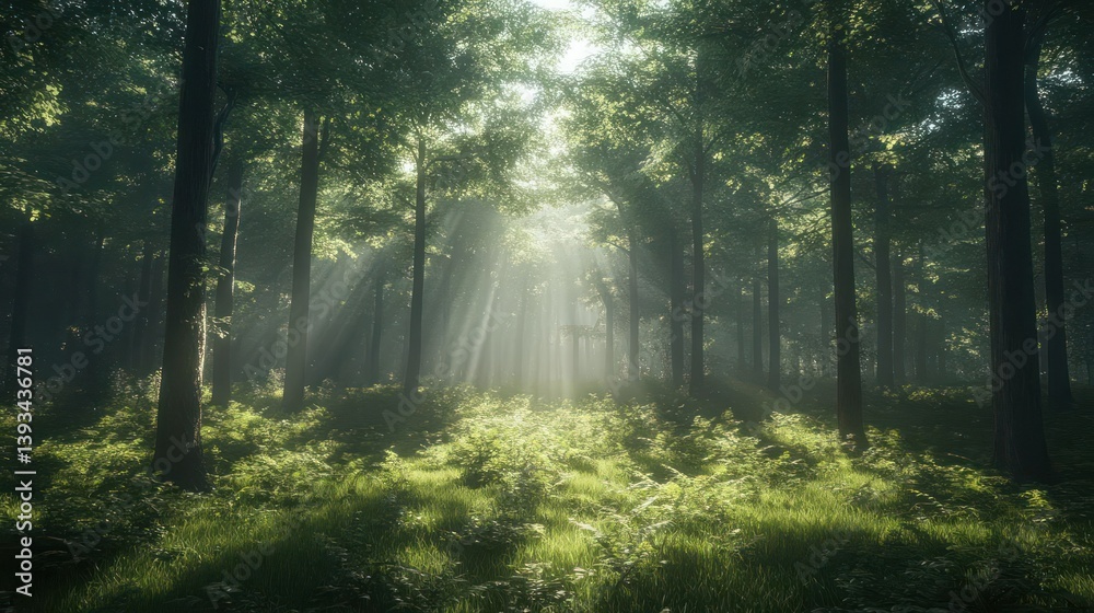 Sunlight streams through a misty forest
