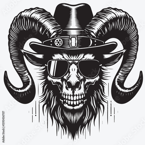 Monochrome badass goat head in vintage style. Vector illustration stock illustration