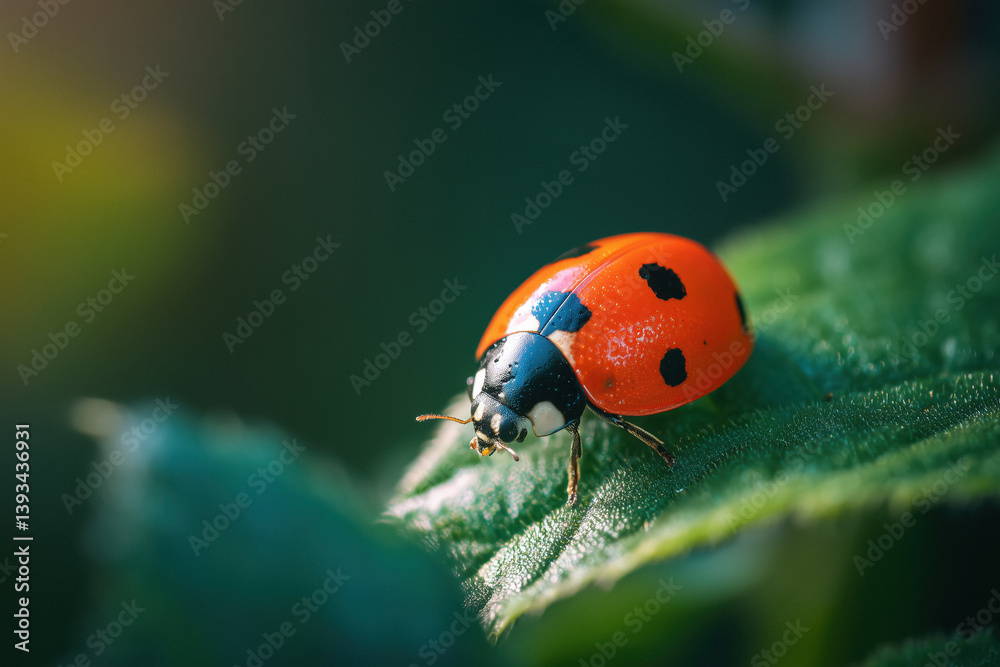A ladybug (Coccinella septempunctata) with a bright orange shell and black spots rests on a textured green leaf.